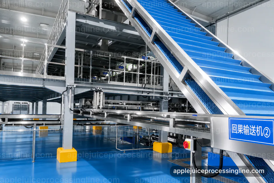 industrial apple juice processing line, plant integration: pressing with pomace separation section operating stage