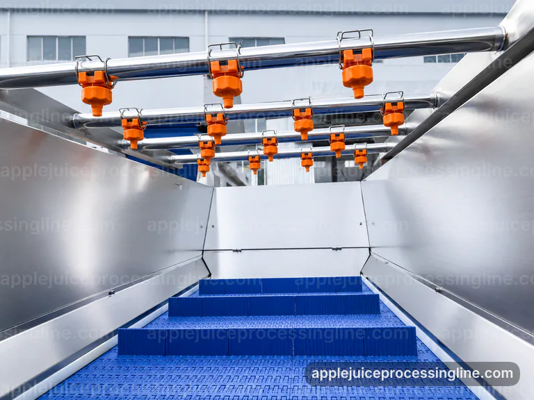 industrial apple juice processing line, feed and output handling: pressing with pomace separation section connection view