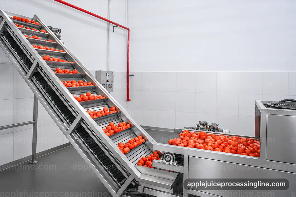 industrial apple juice processing line, process sequence: pressing with pomace separation section operating stage