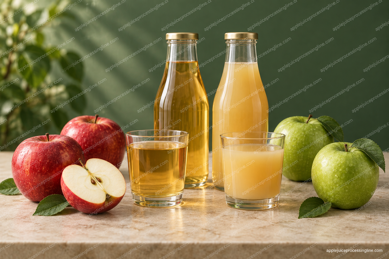 AI-generated display of fresh apples and clear and cloudy apple juice