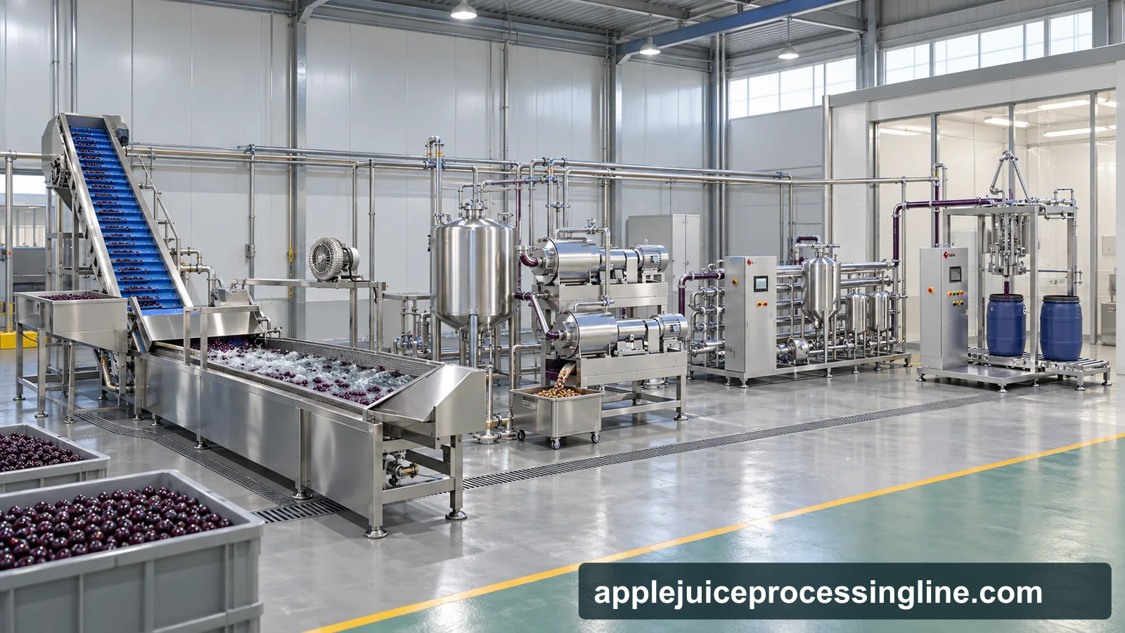 Conceptual factory layout of a whole-berry açaí pulp line showing reception and washing, two-stage pulping with a separate seed discharge, buffer tanks, a tubular thermal-treatment skid and aseptic bulk filling equipment