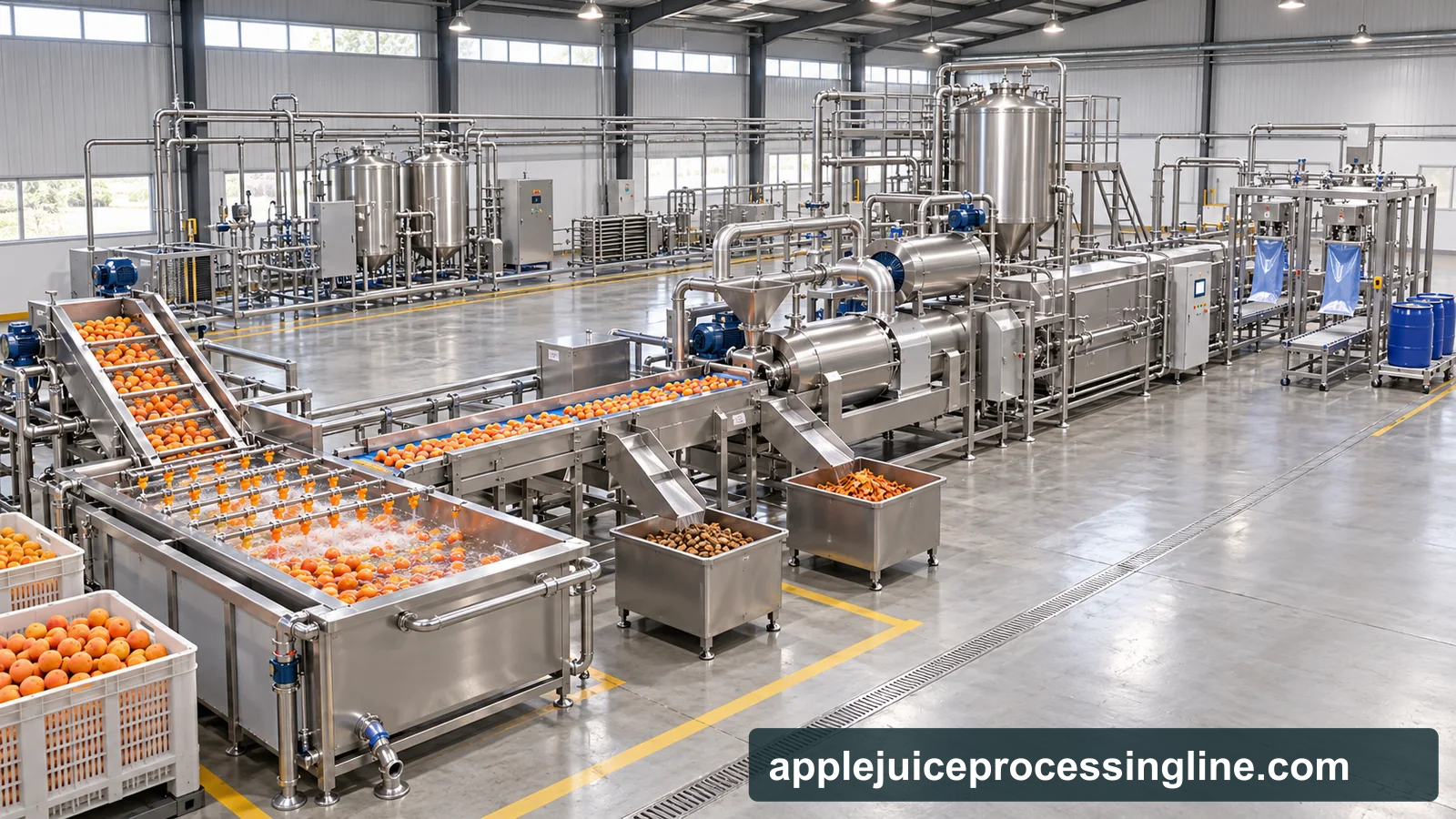 Reference-based conceptual apricot puree factory layout showing receiving, fruit-specific preparation, product treatment and packing interfaces
