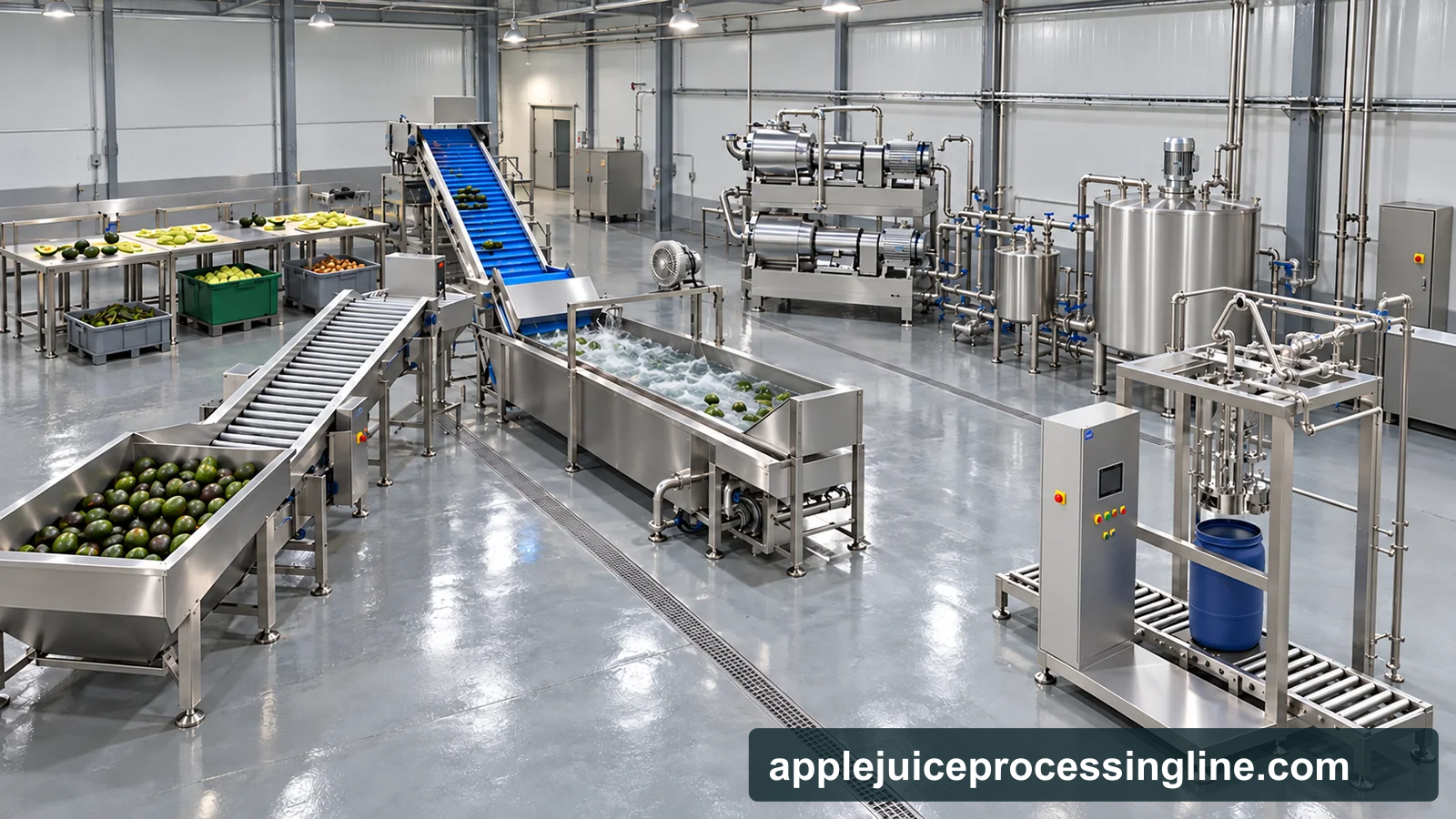 Conceptual factory-layout visualization of an avocado processing line with receiving and inspection, bubble washing, manual peel and pit preparation, two-stage pulping and screen finishing, blending, supported bulk filling and a separate CIP circuit