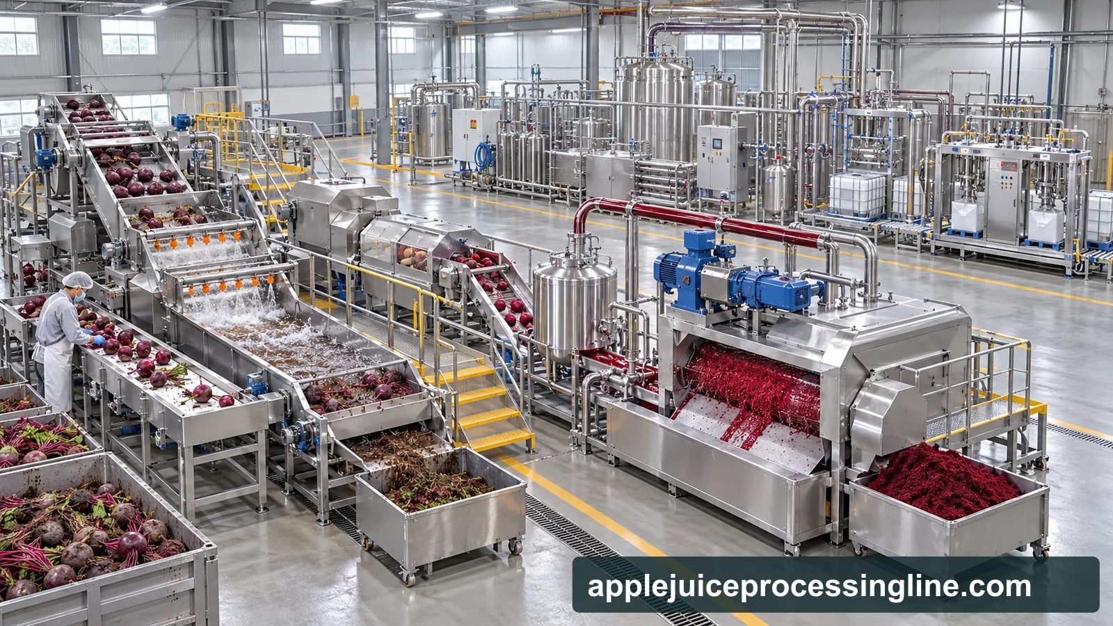 Reference-based conceptual beetroot juice base factory layout showing receiving, fruit-specific preparation, product treatment and packing interfaces