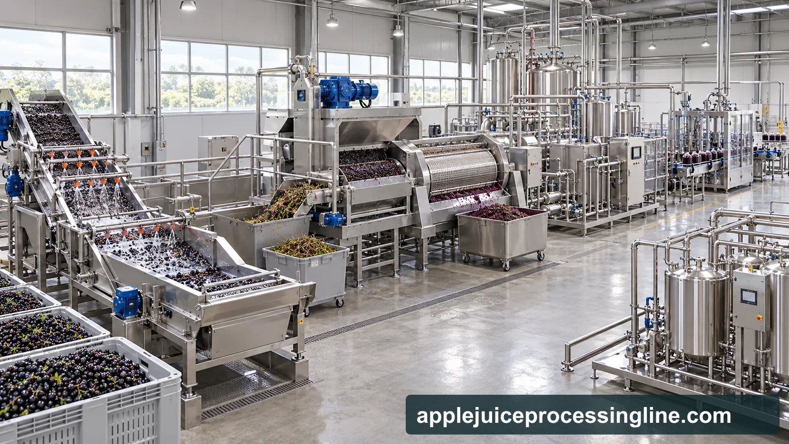 Reference-based conceptual blackcurrant juice base factory layout showing receiving, fruit-specific preparation, product treatment and packing interfaces