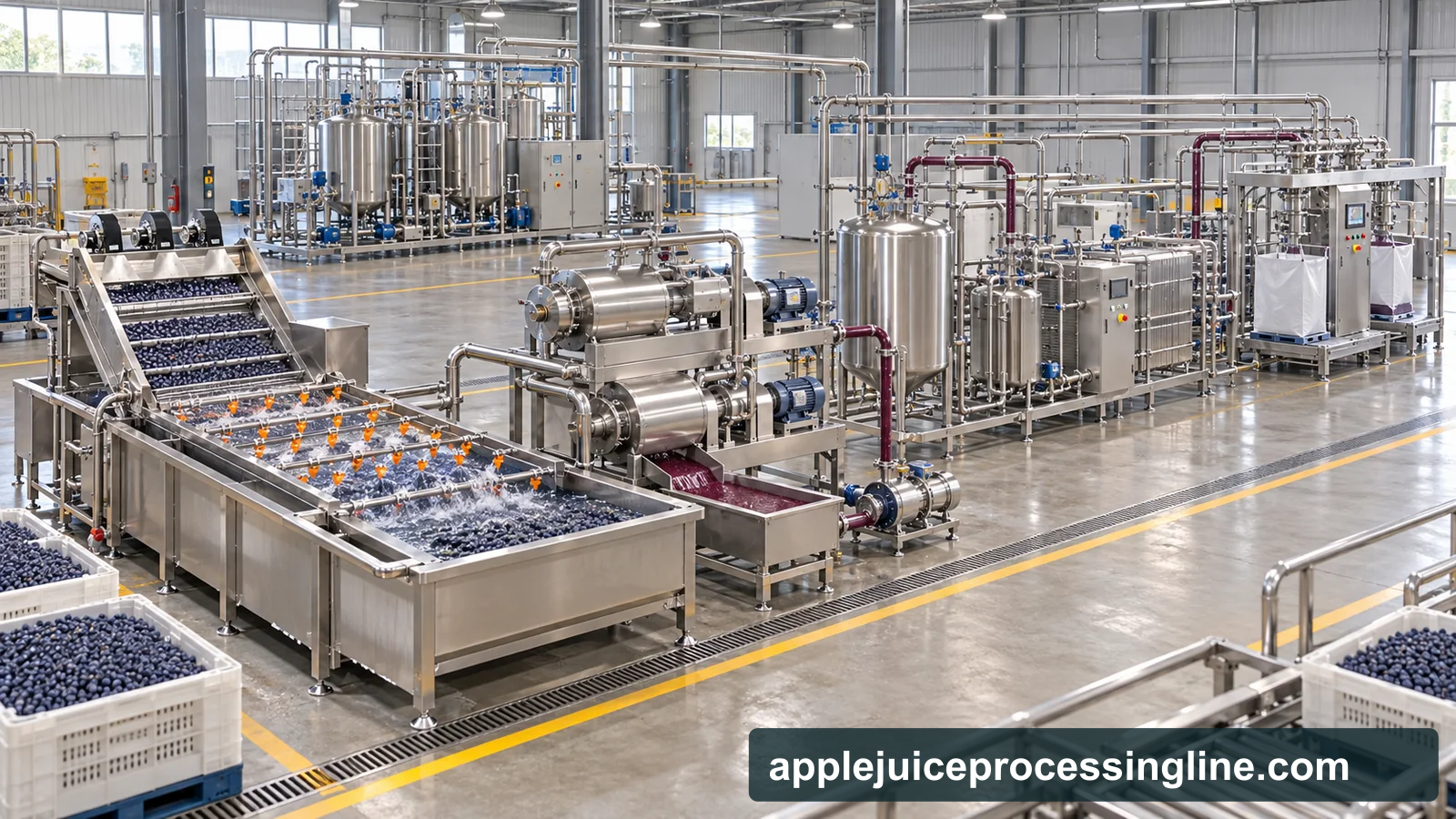 Reference-based conceptual blueberry puree factory layout showing receiving, fruit-specific preparation, product treatment and packing interfaces