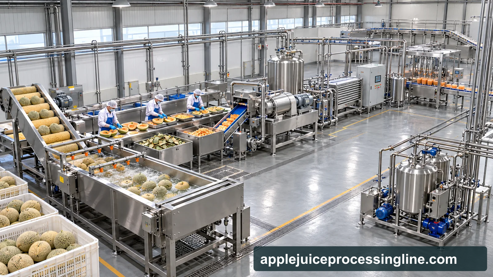 Reference-based conceptual cantaloupe puree base factory layout showing receiving, fruit-specific preparation, product treatment and packing interfaces