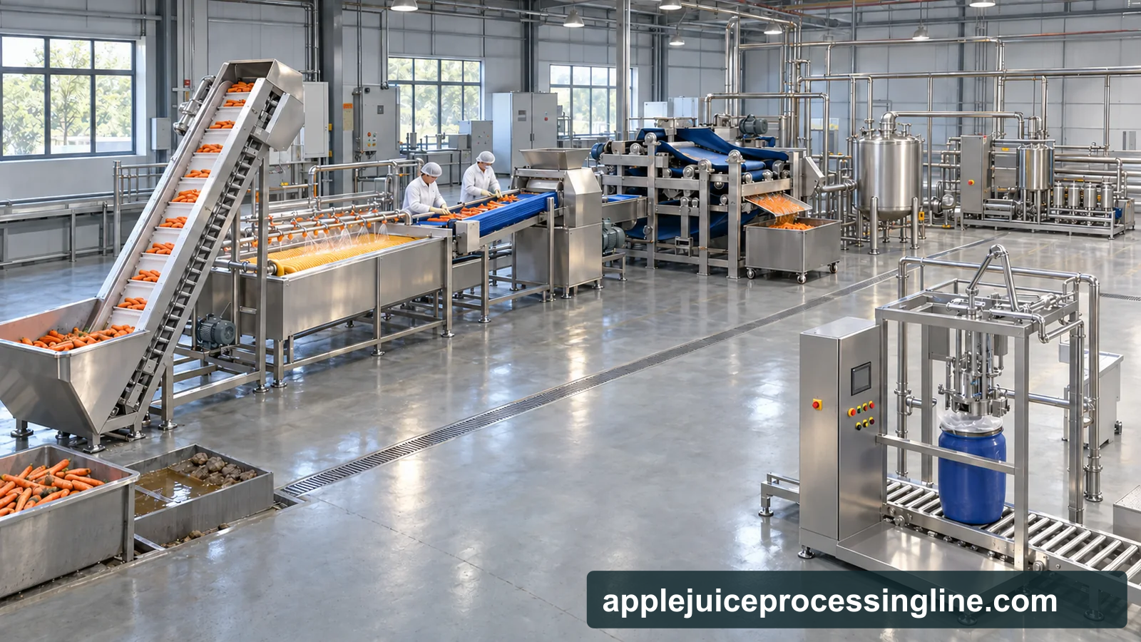Conceptual carrot processing factory layout with receiving elevator, brush washer, manual inspection, size reduction, belt press, buffer tank, tubular treatment, CIP and bulk bag-in-drum filling.