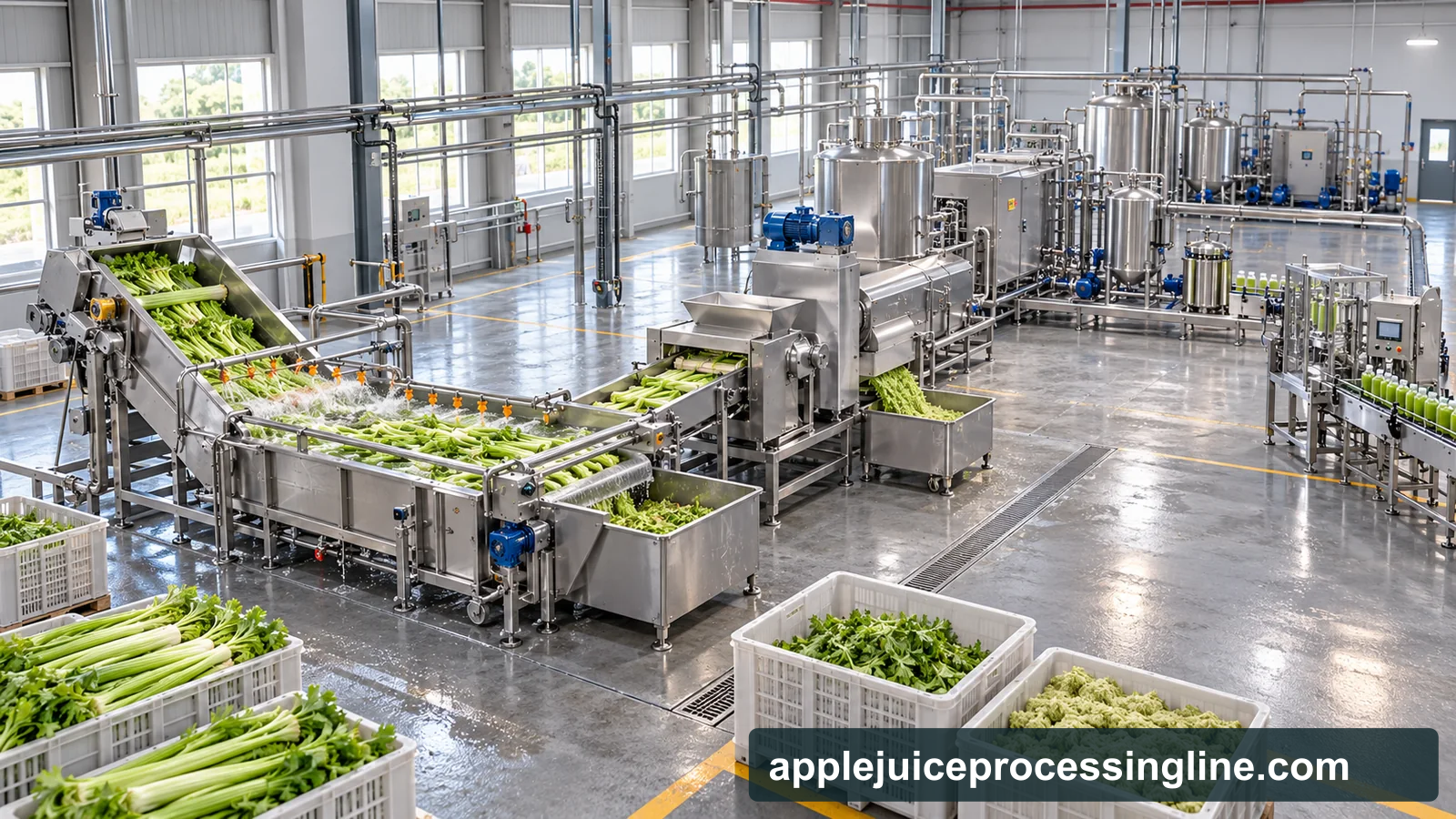 Reference-based conceptual celery juice factory layout showing receiving, fruit-specific preparation, product treatment and packing interfaces