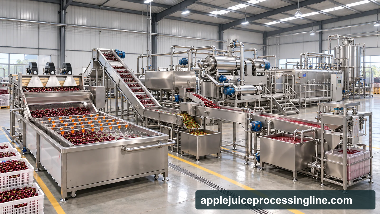 Reference-based conceptual cherry puree factory layout showing receiving, fruit-specific preparation, product treatment and packing interfaces