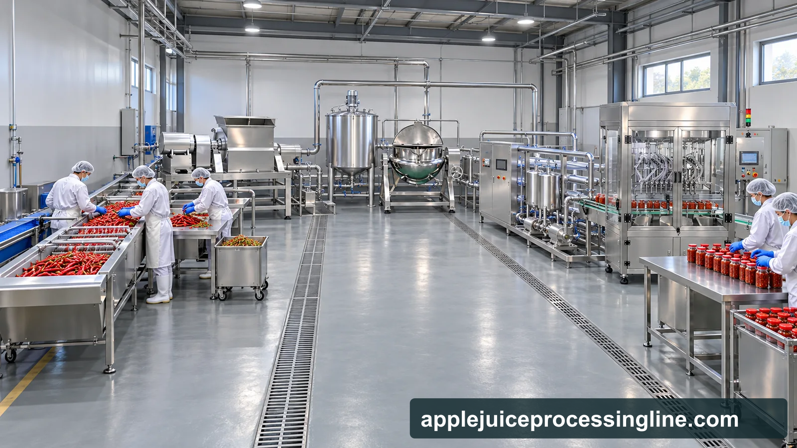 Conceptual factory layout of a chili sauce line with brush washing, inspection, destemming, coarse crushing, blending, jacketed kettle cooking, tubular thermal processing, bottle filling and a separate CIP support circuit.