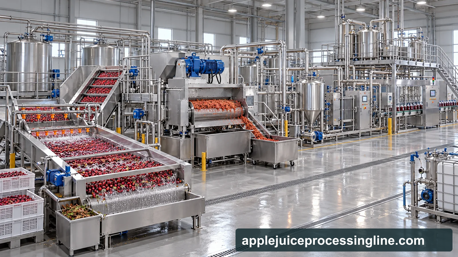 Reference-based conceptual cranberry juice base factory layout showing receiving, fruit-specific preparation, product treatment and packing interfaces