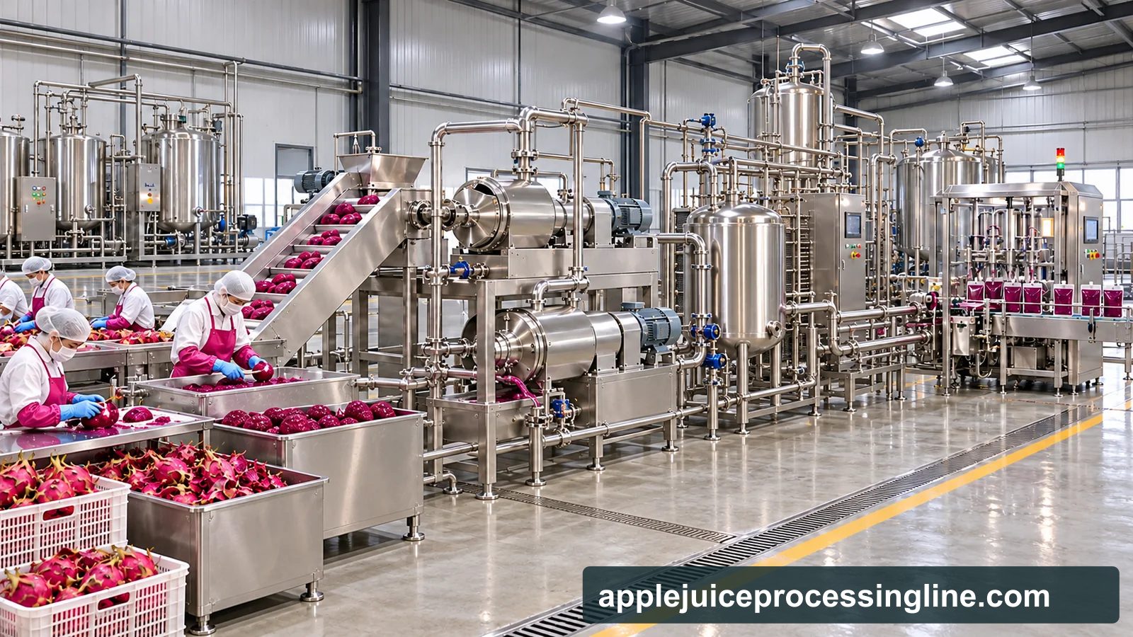Reference-based conceptual dragon fruit puree factory layout showing receiving, fruit-specific preparation, product treatment and packing interfaces