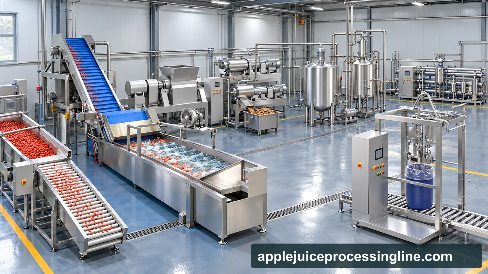 Conceptual factory layout for a fresh-goji puree line with inspection, washing, pulping, buffer, deaeration, thermal treatment and aseptic bag filling