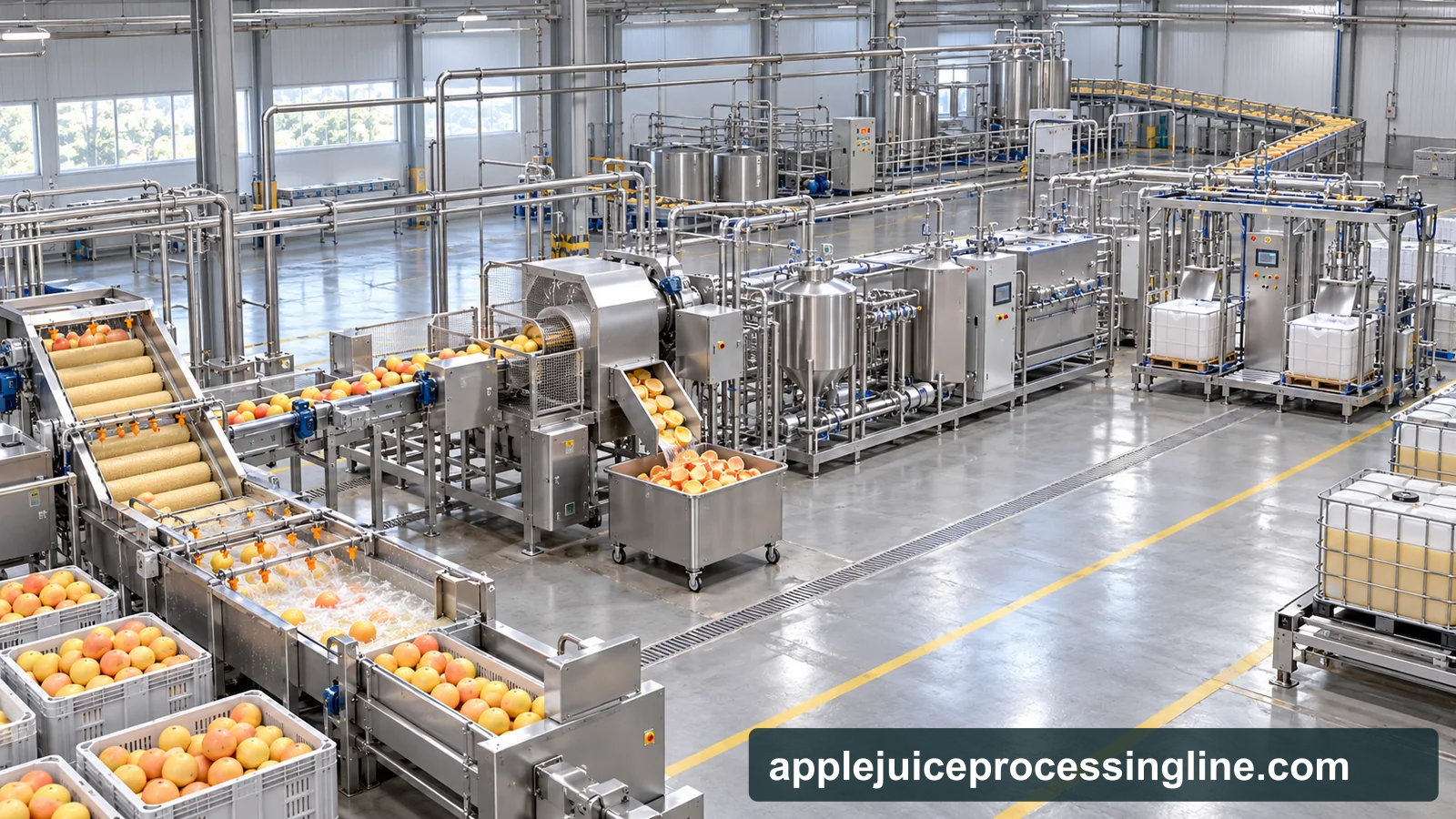 Reference-based conceptual grapefruit juice factory layout showing receiving, fruit-specific preparation, product treatment and packing interfaces
