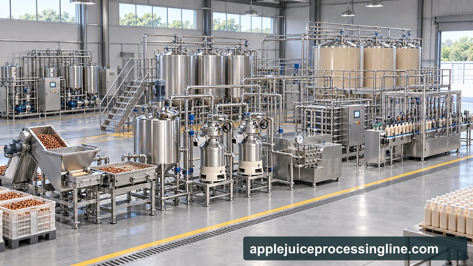 Reference-based conceptual hazelnut beverage base factory layout showing receiving, fruit-specific preparation, product treatment and packing interfaces