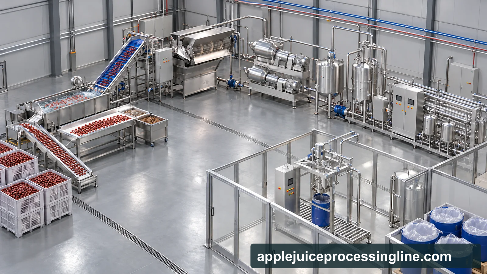 Conceptual process visualization of a jujube puree factory: washing and inspection, manual stone control, continuous conditioning, two-stage pulping, buffer and deaeration vessels, tubular treatment and aseptic drum filling.