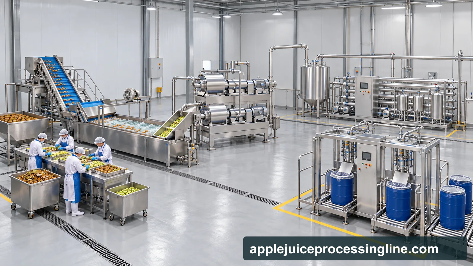 Conceptual process visualization of a kiwifruit puree processing line in a functional factory layout