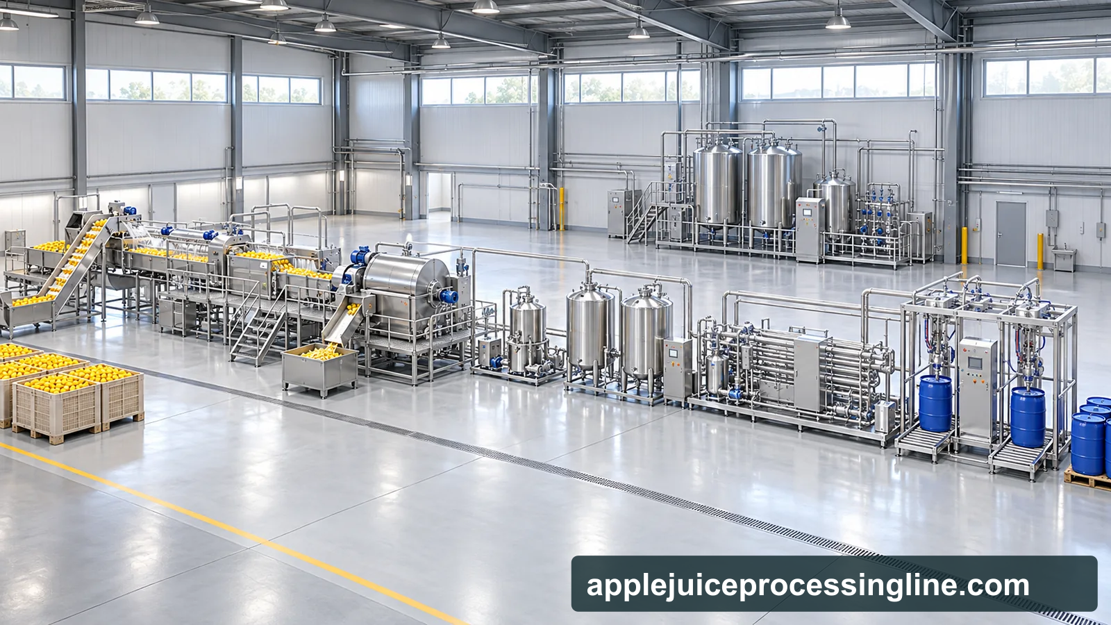 Reference-based conceptual lemon juice factory layout showing receiving, fruit-specific preparation, product treatment and packing interfaces