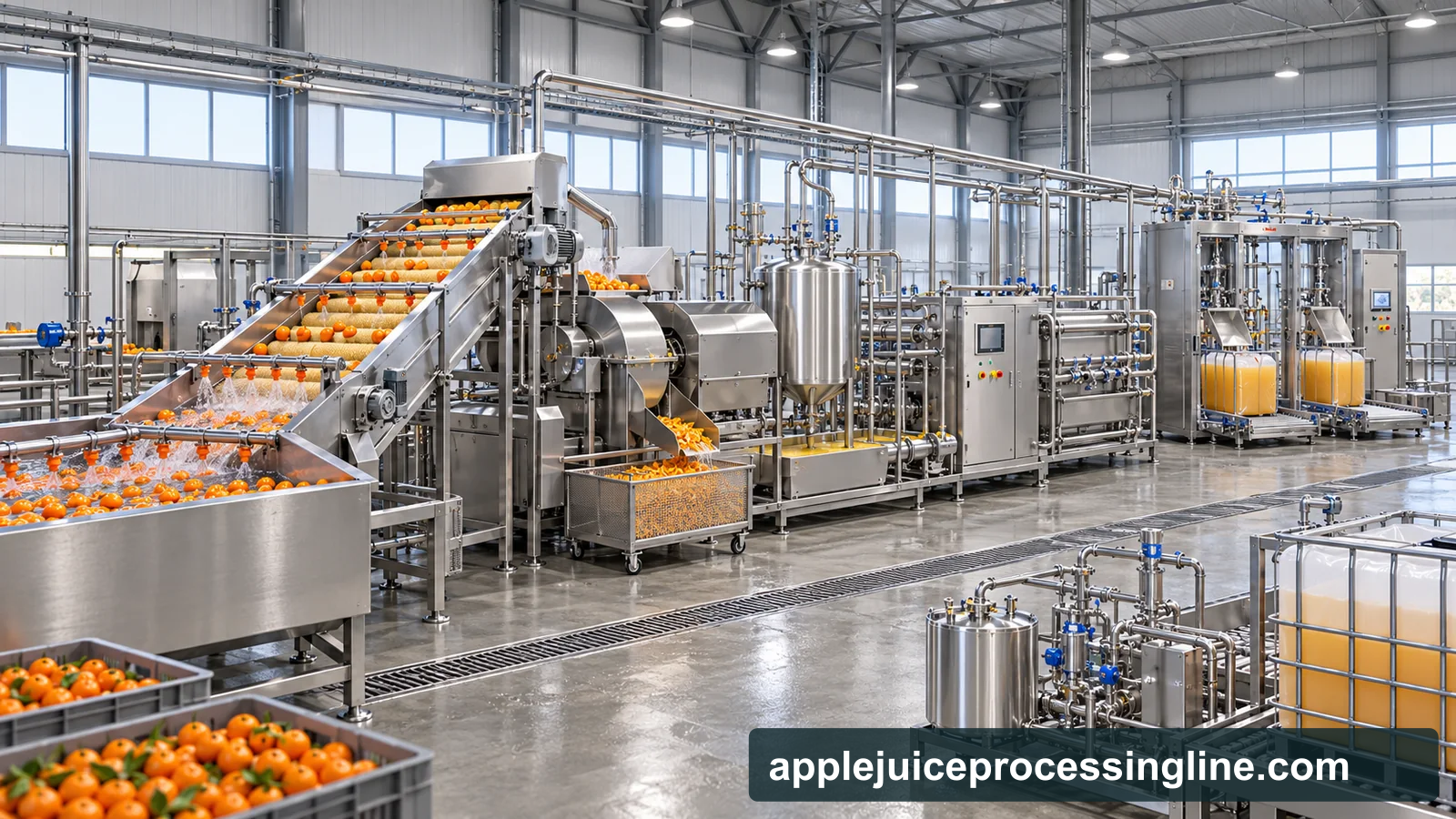 Reference-based conceptual mandarin juice factory layout showing receiving, fruit-specific preparation, product treatment and packing interfaces