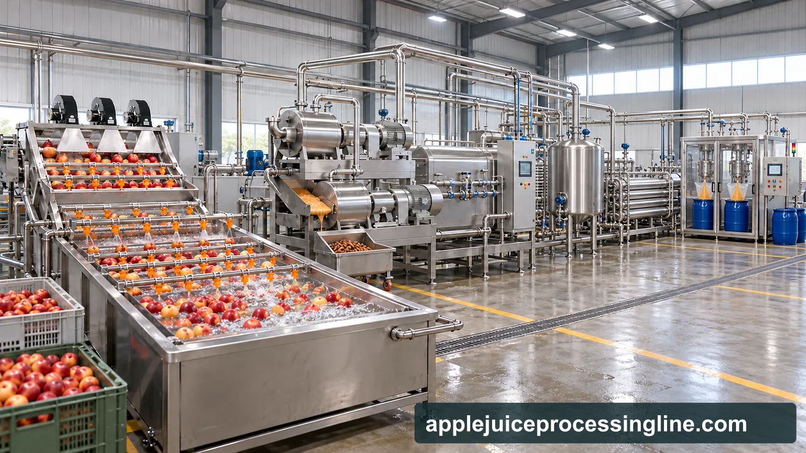 Reference-based conceptual nectarine puree factory layout showing receiving, fruit-specific preparation, product treatment and packing interfaces