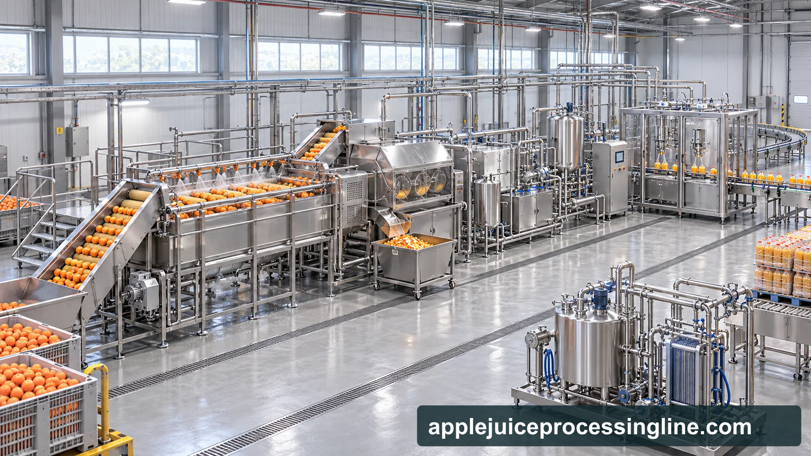 Reference-based conceptual orange juice factory layout showing receiving, fruit-specific preparation, product treatment and packing interfaces