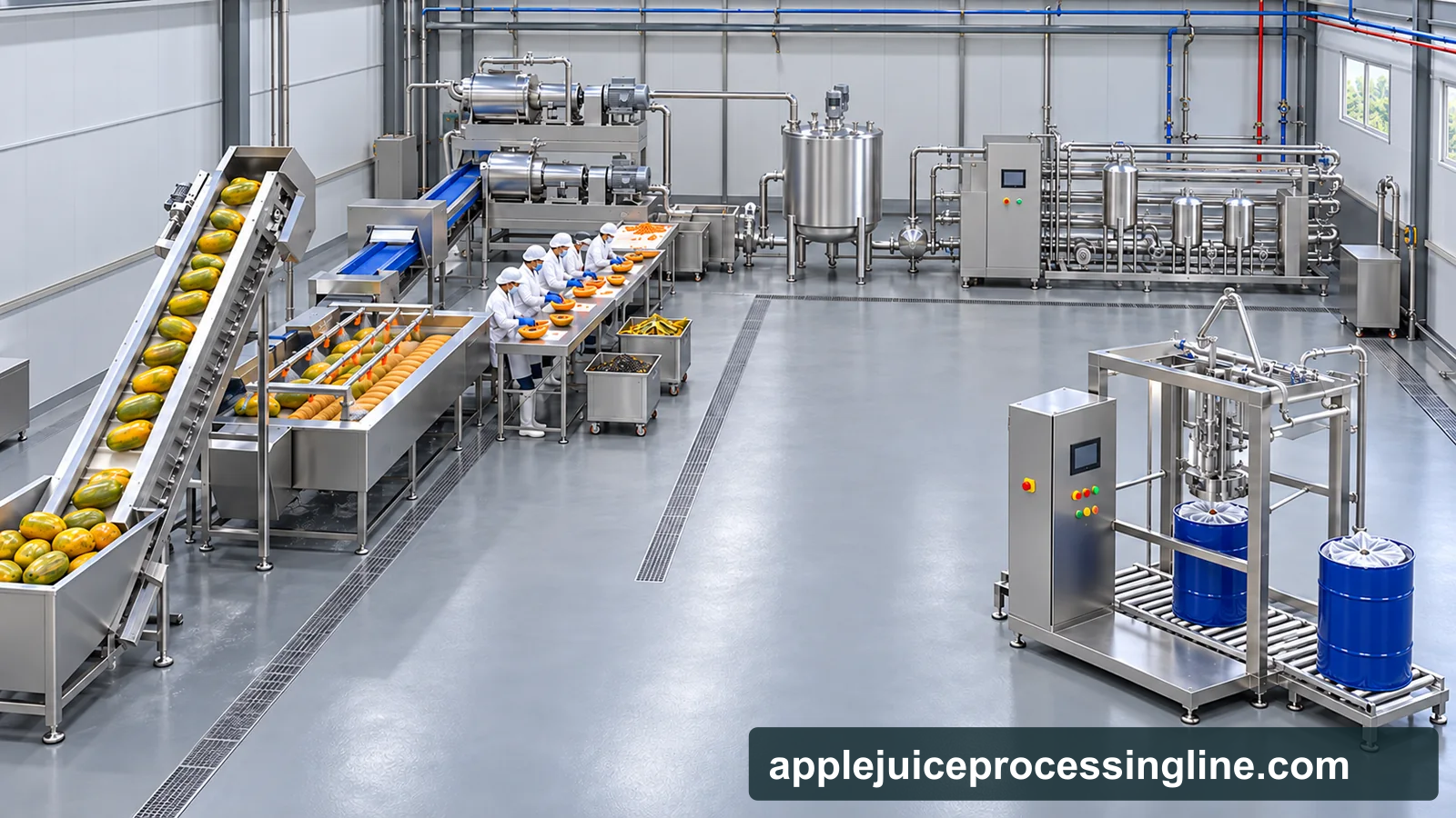 Conceptual factory layout of a papaya puree line, from the receiving elevator and brush washer through manual flesh preparation, two-stage pulping, buffered tubular treatment and aseptic drum filling.