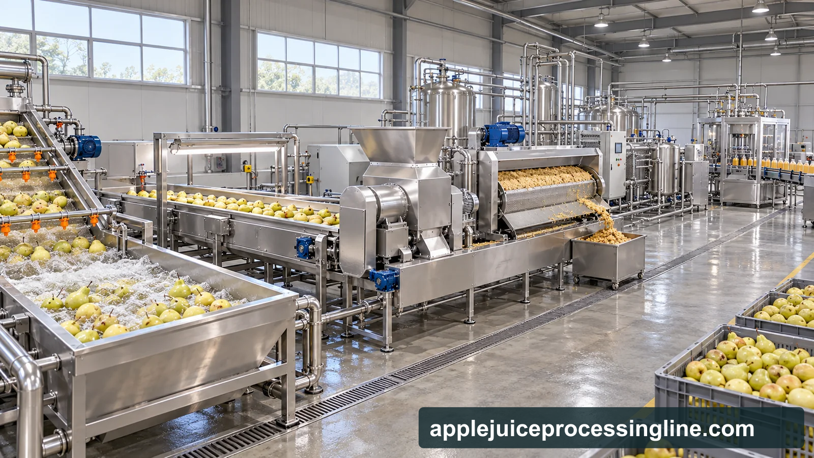 Reference-based conceptual pear juice factory layout showing receiving, fruit-specific preparation, product treatment and packing interfaces