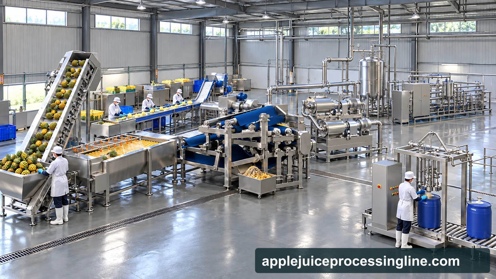 Conceptual pineapple juice processing line in a factory layout, from fruit receiving and brush washing through inspection, crushing, belt pressing, screened finishing, juice treatment and aseptic drum filling.