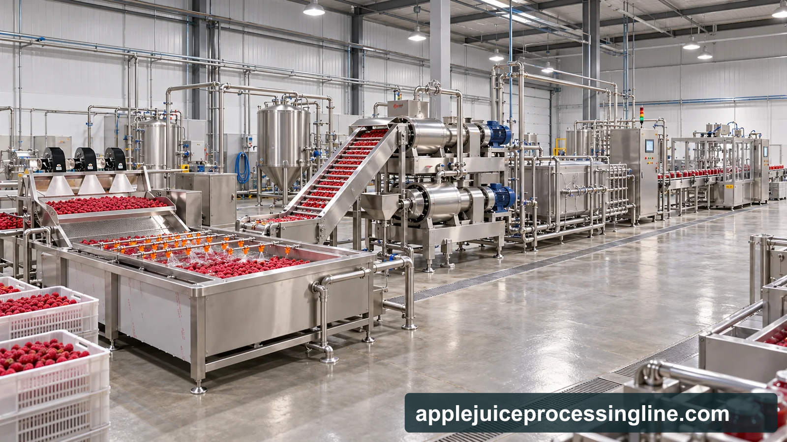 Reference-based conceptual raspberry puree factory layout showing receiving, fruit-specific preparation, product treatment and packing interfaces