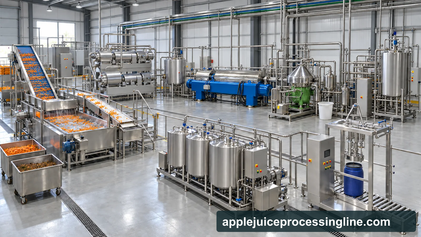 Conceptual factory visualization of a sea buckthorn juice line: berry washing and inspection, two-stage pulping, buffer tanks, decanter, disc separator, deaeration, tubular thermal treatment and aseptic bag filling in a functional workshop layout