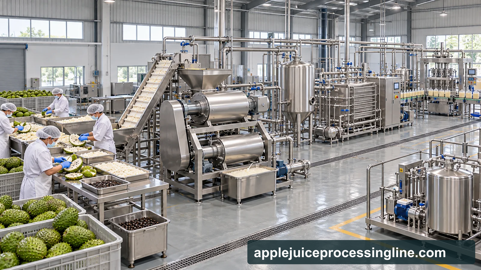 Reference-based conceptual soursop puree factory layout showing receiving, fruit-specific preparation, product treatment and packing interfaces