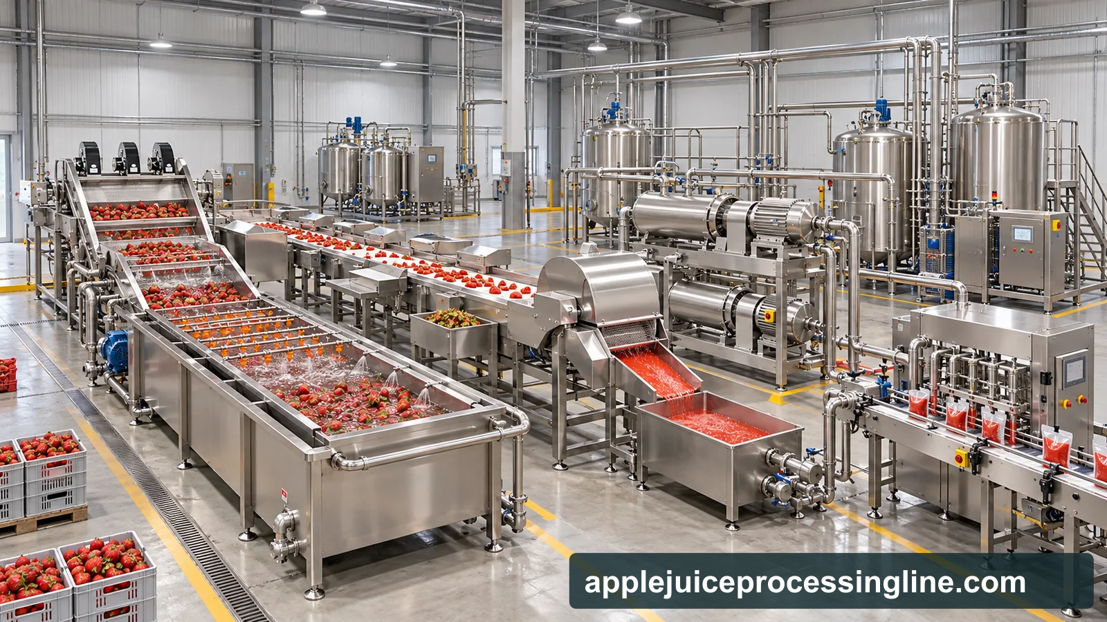 Reference-based conceptual strawberry puree factory layout showing receiving, fruit-specific preparation, product treatment and packing interfaces