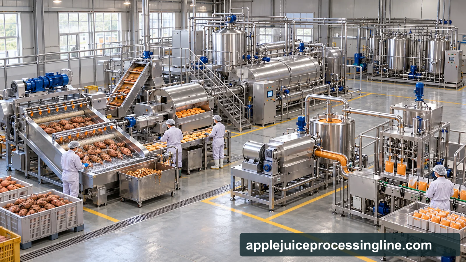 Reference-based conceptual sweet-potato puree factory layout showing receiving, fruit-specific preparation, product treatment and packing interfaces