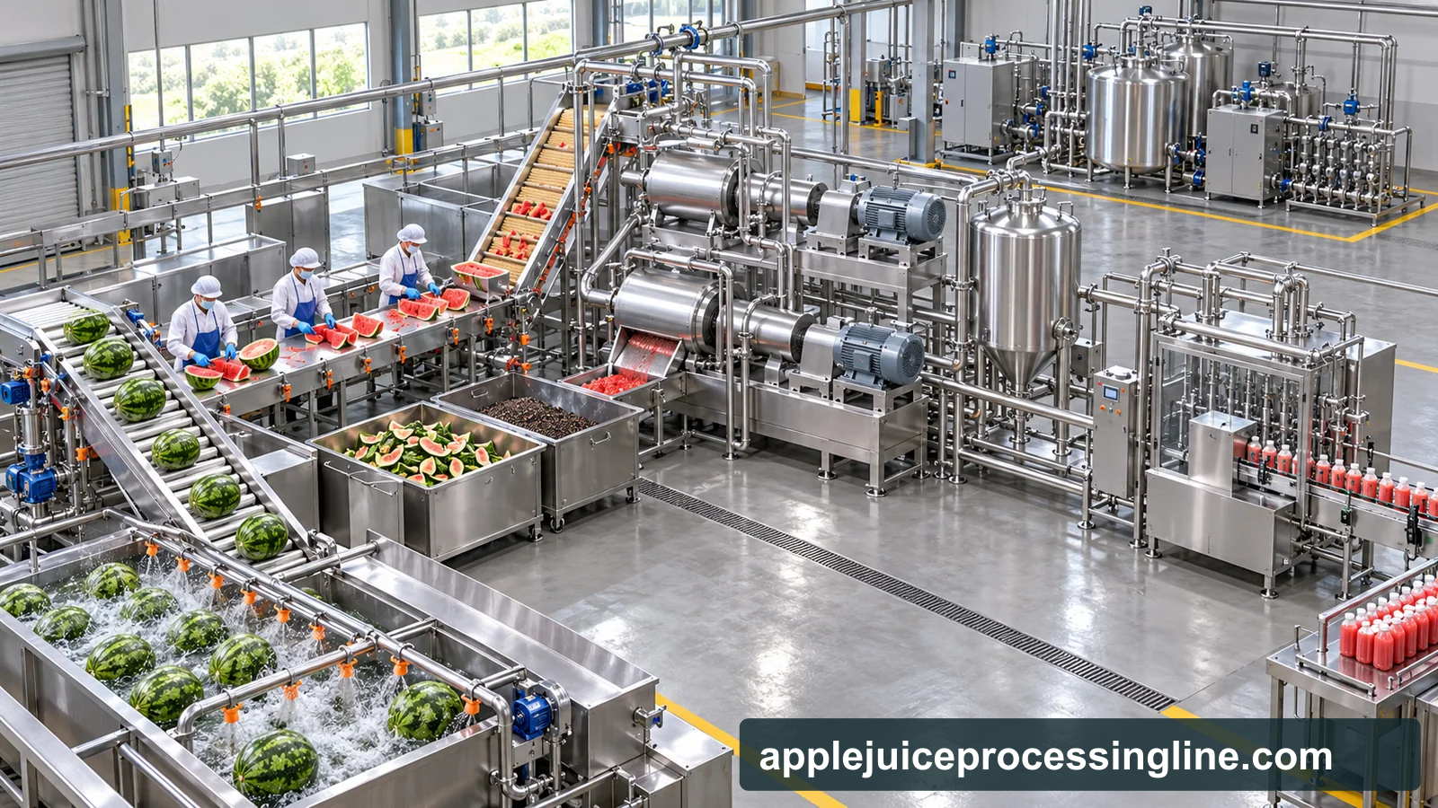 Reference-based conceptual watermelon juice factory layout showing receiving, fruit-specific preparation, product treatment and packing interfaces